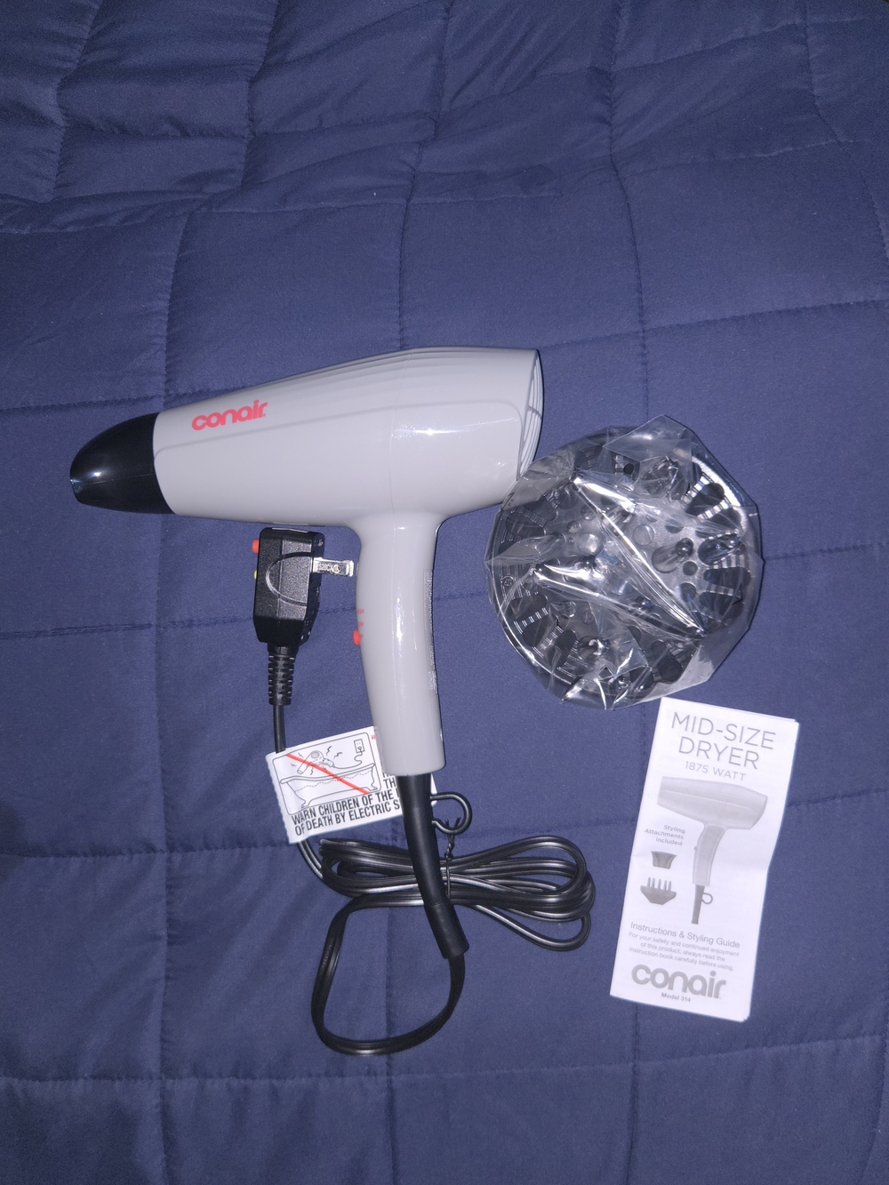 Conair Mid-Size White Hair Dryer with Diffuser - Lightweight Styling